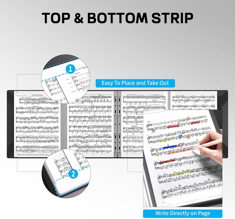 giitooa Sheet Music Folder, Piano Sheet Music Binder 4 Page Expand, A4 Size 52 Pages Capacity, Writable Choir Folder for Holding Sheet Music and Storing Files, Black - Image 4